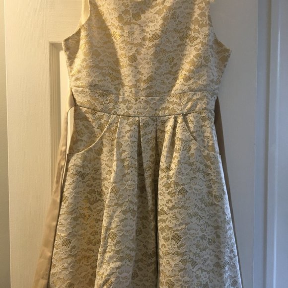 🦋Girls Lace & Ivory Gold Formal Wedding Easter Party Dress Sz 16 - Picture 2 of 7